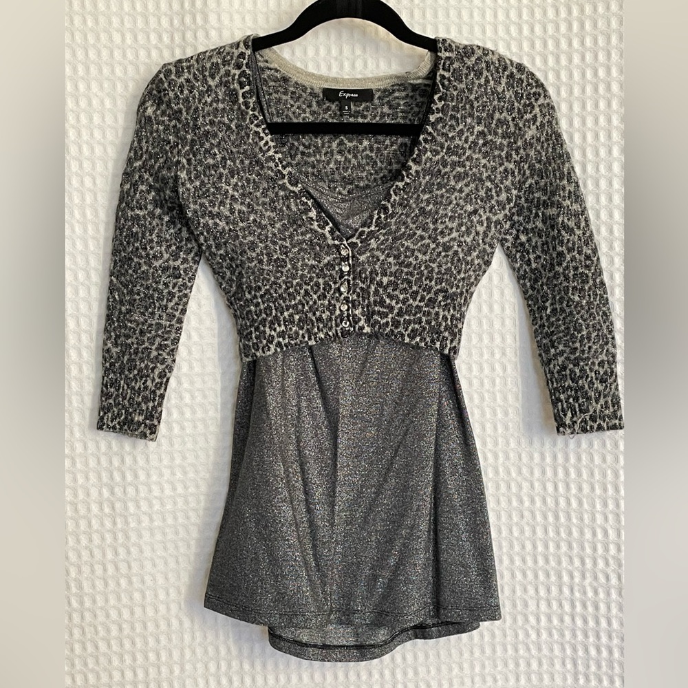 Express crop cardigan with gray sparkly tank for underneath. Size Small